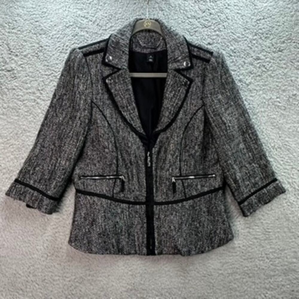 White House Black Market Size 12 Gray Tweed Peplum Jacket Zip‎ Cropped Sleeves